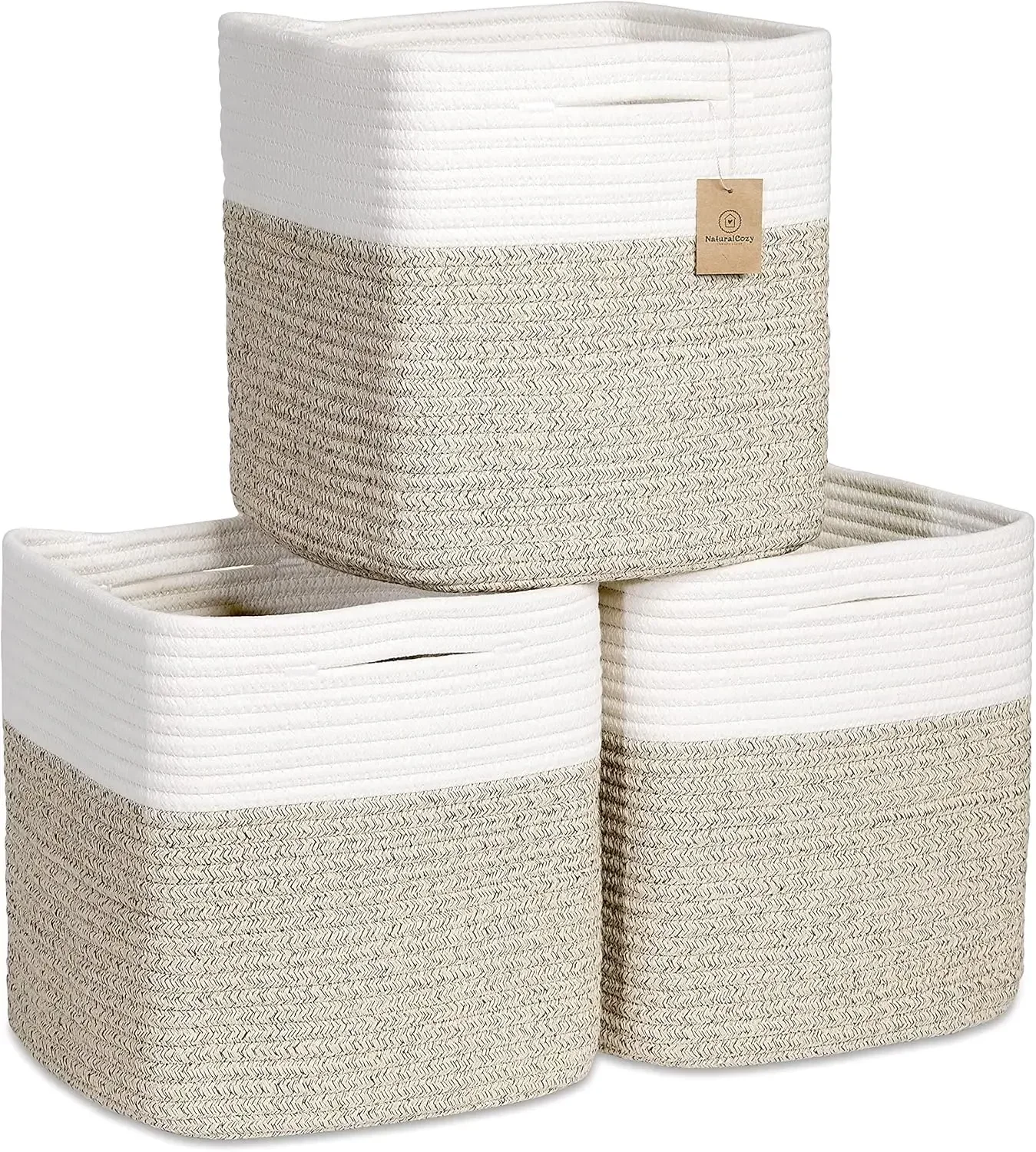 Storage Cubes 11 Inch Cotton Rope Woven Baskets for Organizing, 3-Pack | Cube Bin Square Shelves Organizer