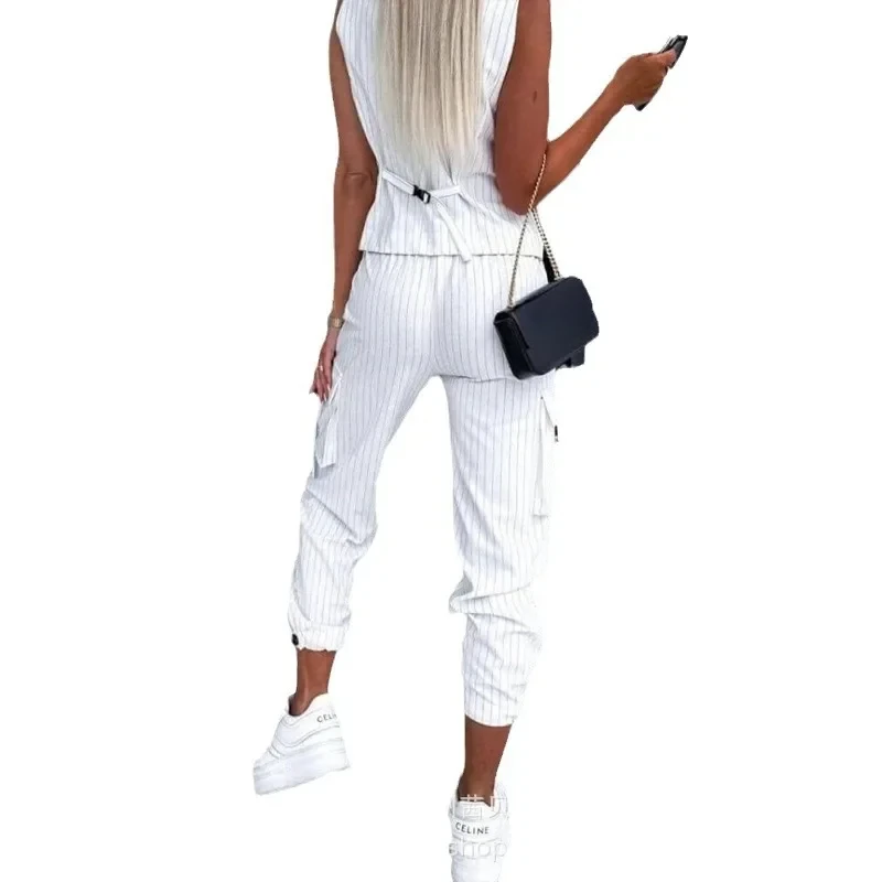 Women Tracksuit Two Pieces Set Sleeveless Single Breasted Button Vest Pencil Pants Slim Pockets Striped Pockets Zipper Fly