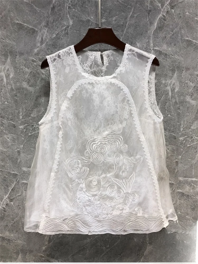 Zijde Geborduurd Kant Svel Ronde Ne Vest Dames Zomer Nieuwe Sle Faionable Veelzijdige Loose Fit Kleur Top