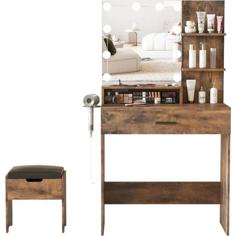 

For Makeup Vanity Table with Lighted Mirror & Charging Station, White Vanity Set Vanity Desk with 3 Lighting Modes