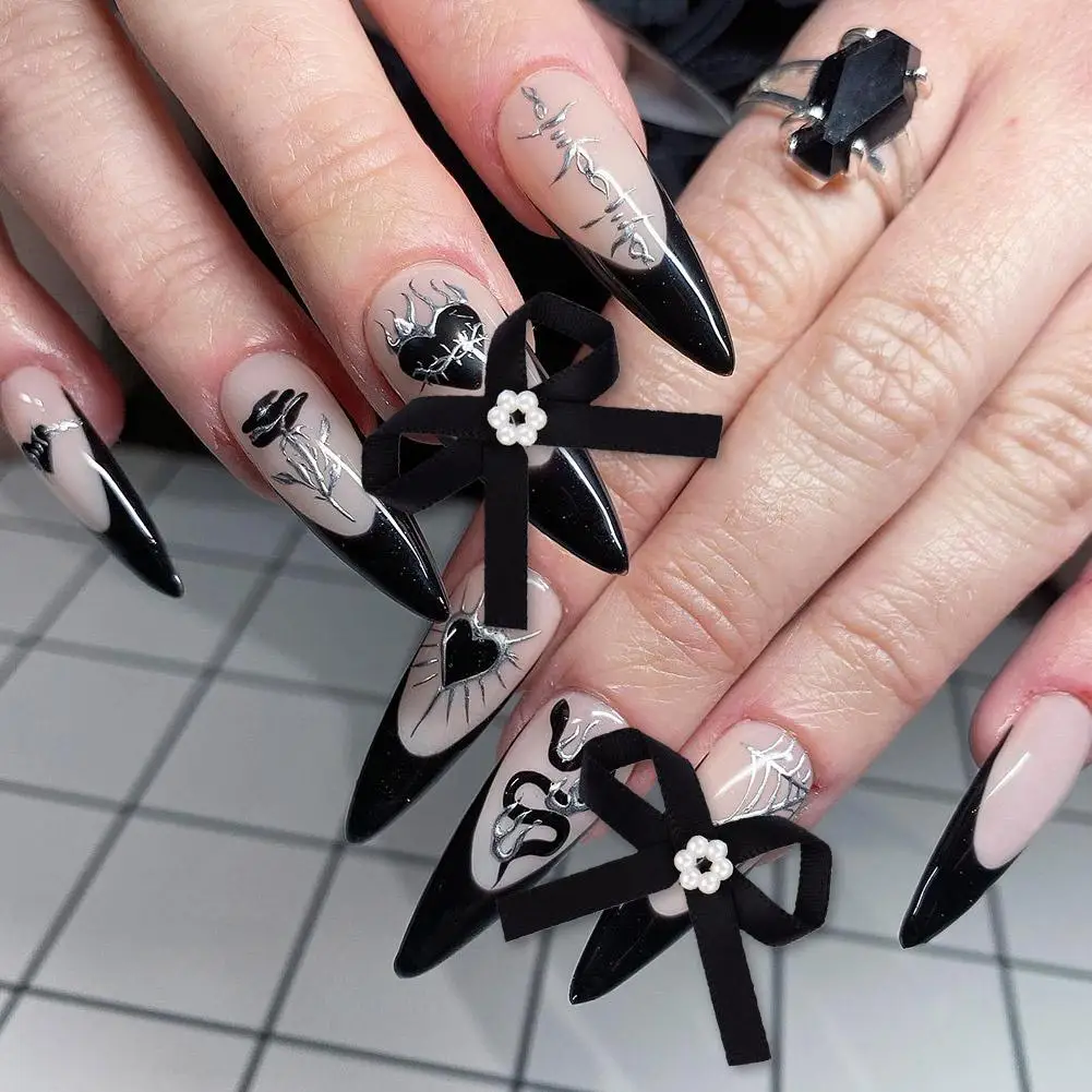 Imprensa artesanal em unhas preto laço wearable rosa reutilizável arte capa inverno charme completo bonito unhas falsas unhas longas p2d9