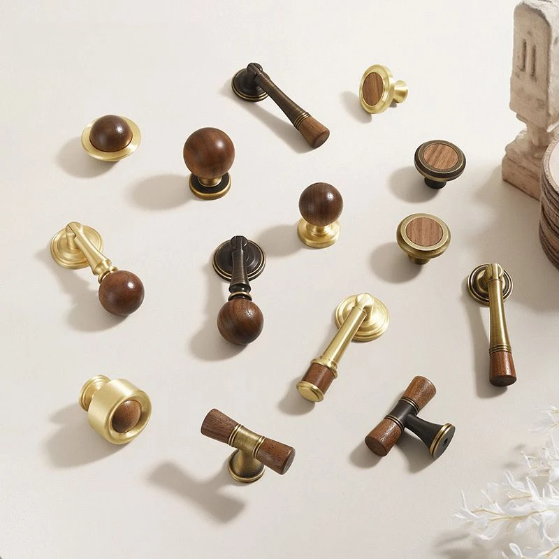 New Chinese Style Walnut Cabinet Door Handle Nordic Brass Wooden Cabinet Door Drawer Round Ball Solid Furniture gold Handles