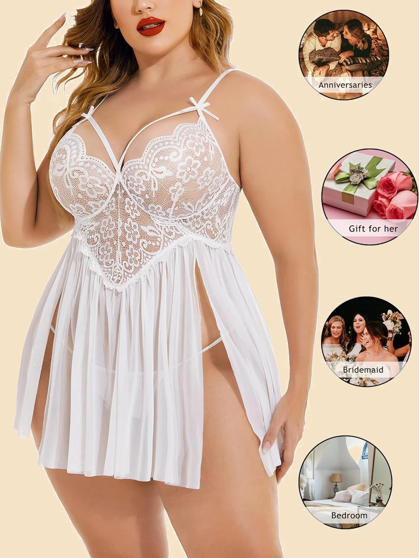 Plus Size Lace Babydoll Lingerie for Women - Sheer Mesh Chemise Nightgown with Side Slit & Bow Decor, Sexy Sleepwear Dress view 6