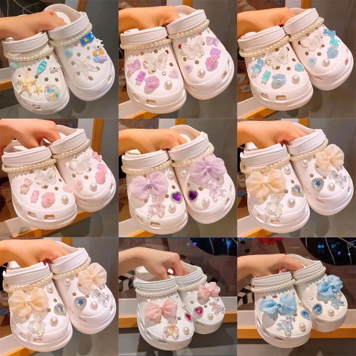 Summer Crystal Series Girl Pearl Chain Water Diamond Charms Shoe Buckle Bow Knot Detachable DIY Clogs Sandals Accessories