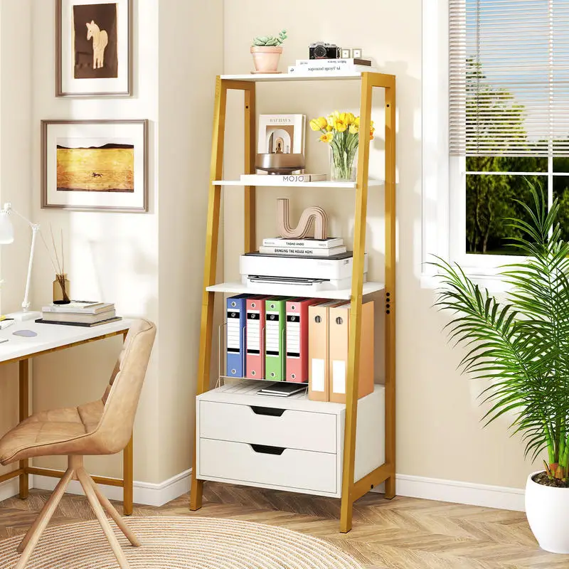 

4-Tier Ladder Shelf with 2 Drawers 52.5 Inch Tall Freestanding Bookcase-White