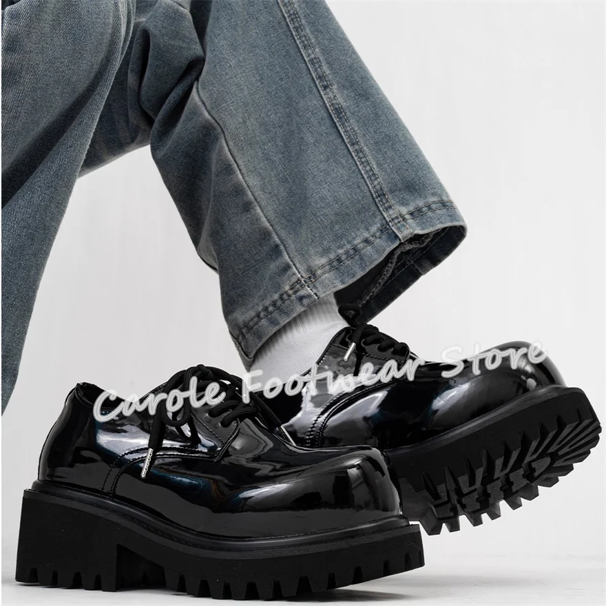 ファッションミックスカラーレザービッグヘッドダービーシューズ男性用 10 センチメートルチャンキーヒール高さ増加レースアップオックスフォード男性カジュアルローファー