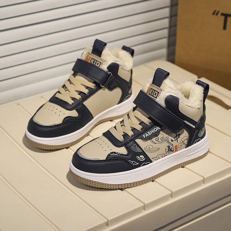 

Новинка 2025, зимняя флисовая теплая детская хлопковая обувь, большие детские дышащие противоскользящие туфли на липучке для мальчиков с высоким берцем