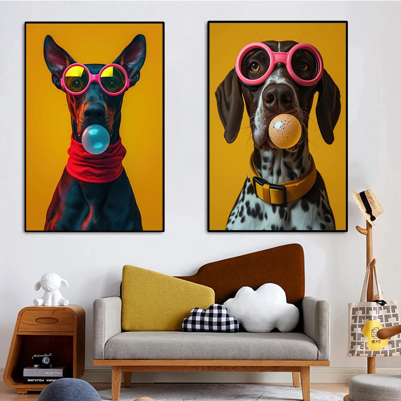 Dog Colorful Bubblegum Sunglasses Poster Prints Samoyed French Bulldog Corgi Canvas Painting Wall Art Picture Room Home Decor