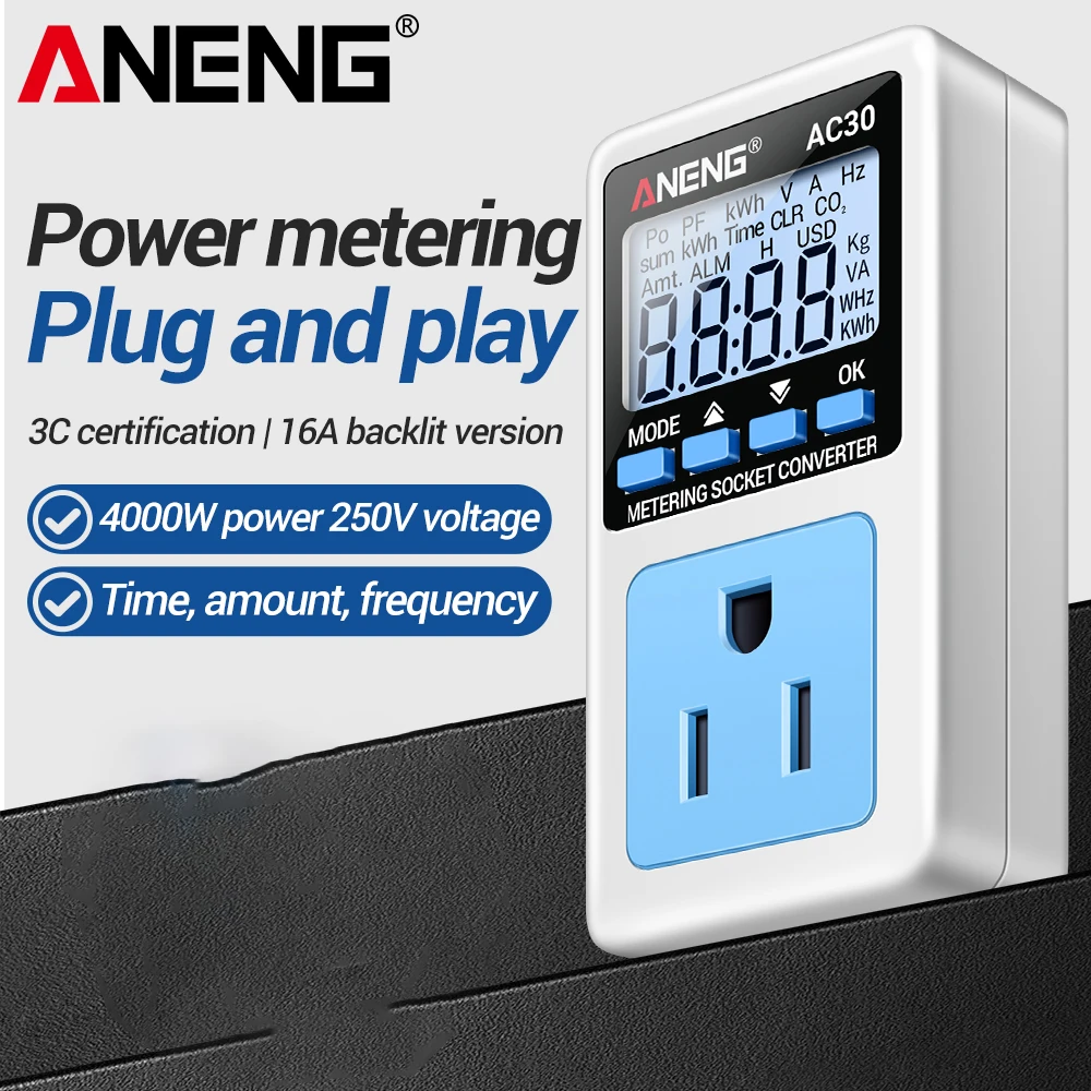 ANENG AC30 Energy Meters Socket Multifunctional Electricity Meters Household Air Conditioning Electricitys Monitor Power Meter