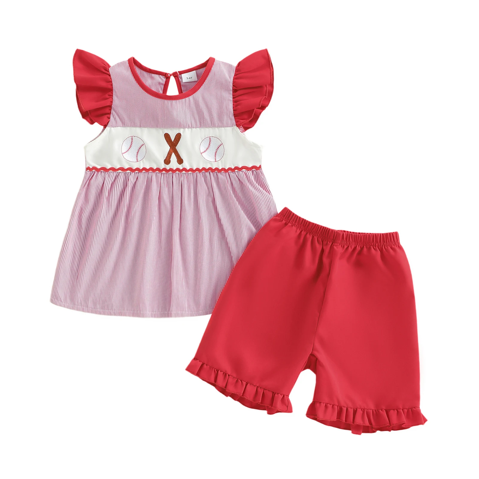 

Adorable Infant Girl Baseball Embroidered Striped Ruffled Trim Crew Neck Flying Sleeve Top and Shorts 2 Piece Set for Summer Fun