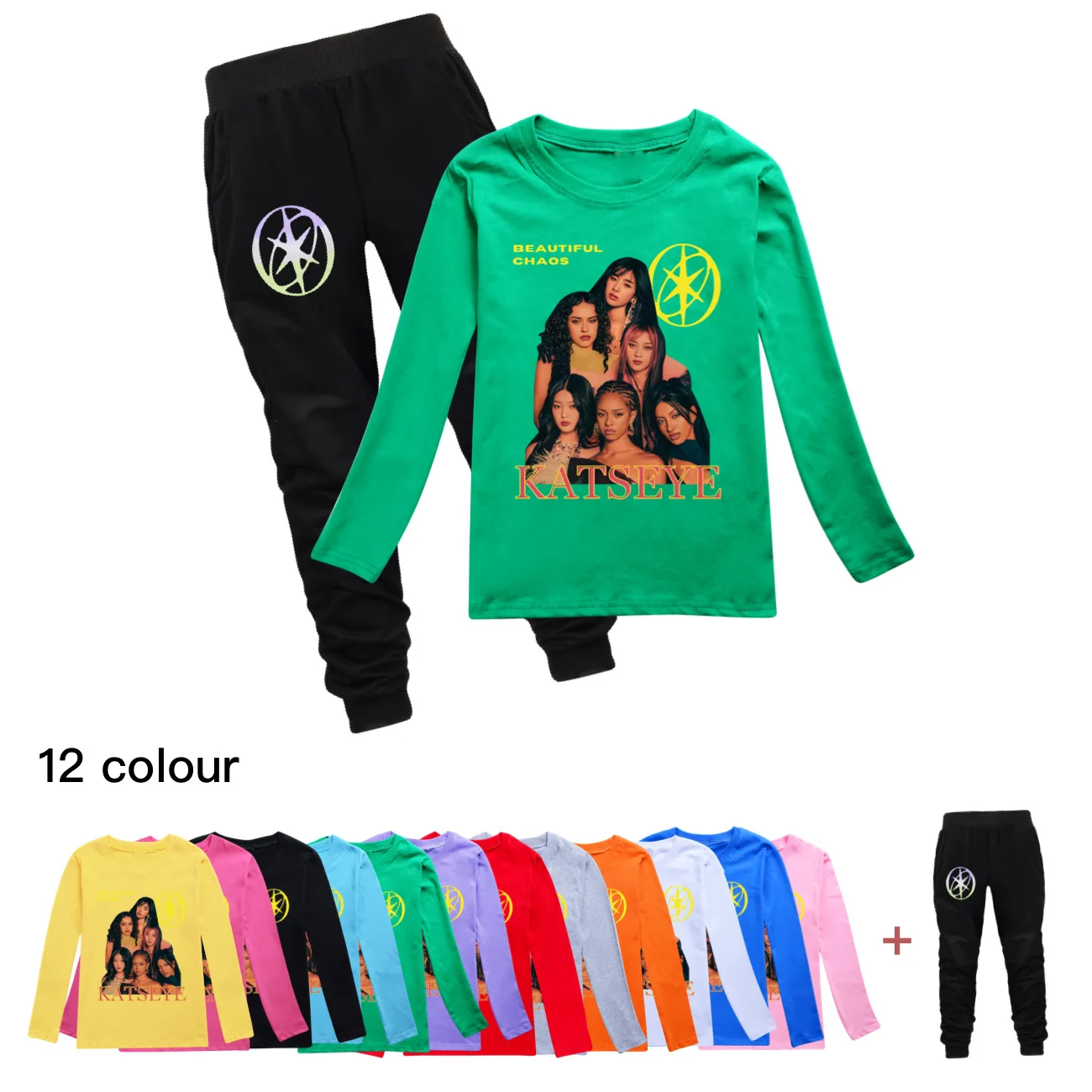 

Детские комплекты одежды с забавным принтом Katseye, повседневные футболки с длинными рукавами и брюки для девочек, детская верхняя одежда, костюмы для подростков 5346