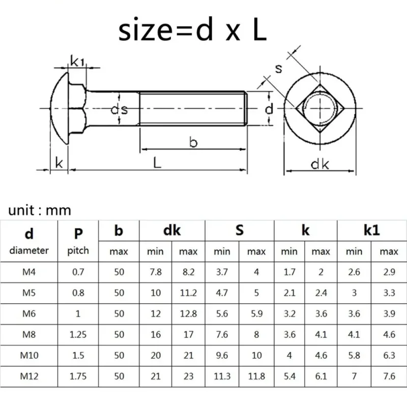 M3 M4 M6 M8 M10 M12 304 Stainless Steel Truss Round Head Square Neck Carriage Screw Coach Bolt For Shelf Desk Length: 8-120 mm