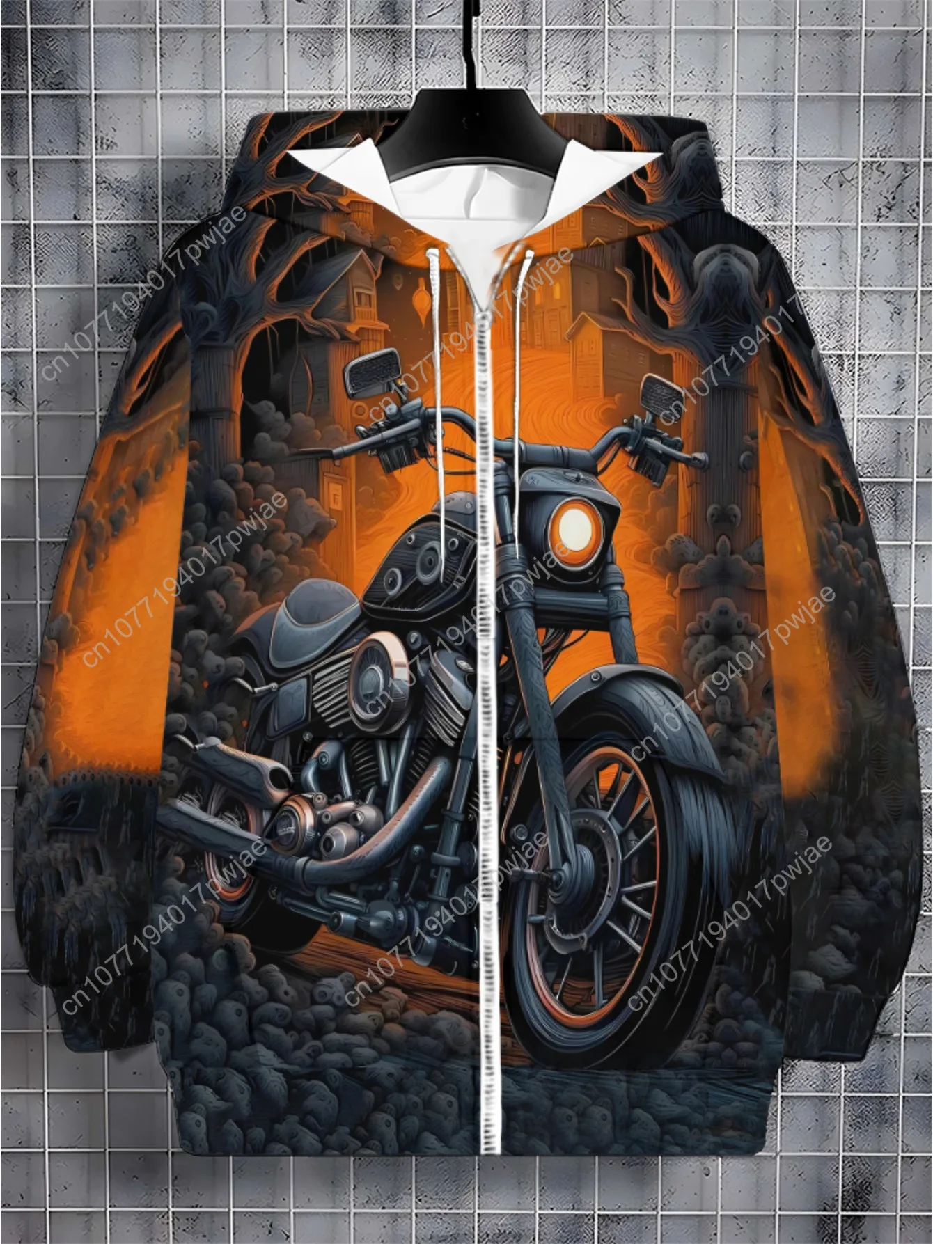 Moletom masculino estiloso com estampa de motocicleta – poliéster durável, leve e respirável, laranja com detalhes pretos, design com zíper para