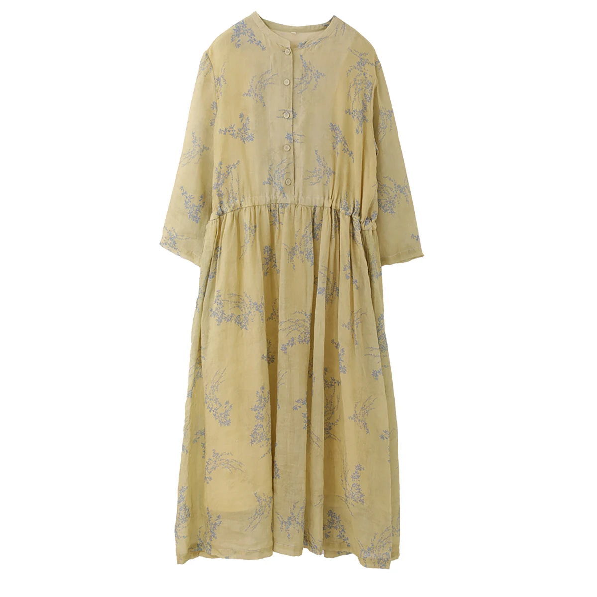 LZJN Sommerkleid mit Ramie-Aufdruck, tailliert – schlichtes Retro-Kleid mit hoher Taille und Kordelzug, künstlerisches, elegantes gelbes langes Kleid