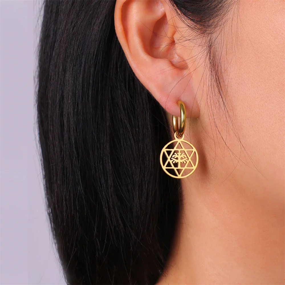 

Stainless Steel Earrings Vintage Star of David Dangle Earrings Golden Life of Tree Pendants Hoop Earrings For Women Girl Jewelry