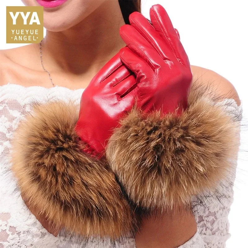 

Women's Luxury Winter Sheepskin Touch Screen Gloves Real Raccoon Fur Genuine Leather Glove Female Black Red Warm Fleece Mittens