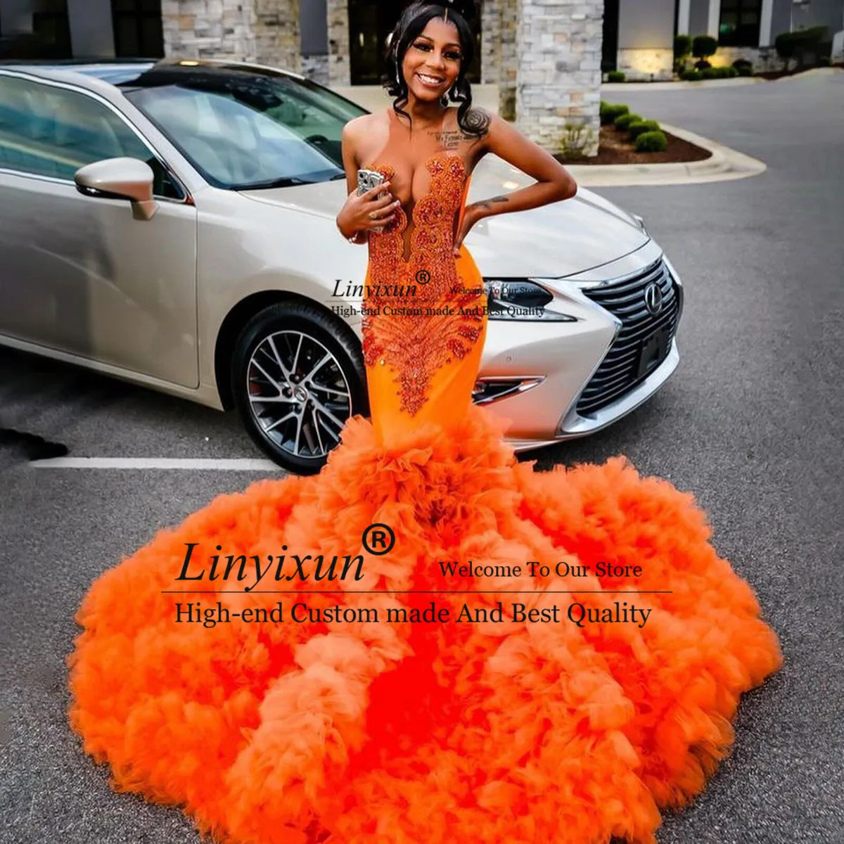 Orange Crystal Sequined Mermaid Prom Dress Diamonds Ruffle Evening Dresses For Black Girl Luxury 2024 Birthday Party Gowns