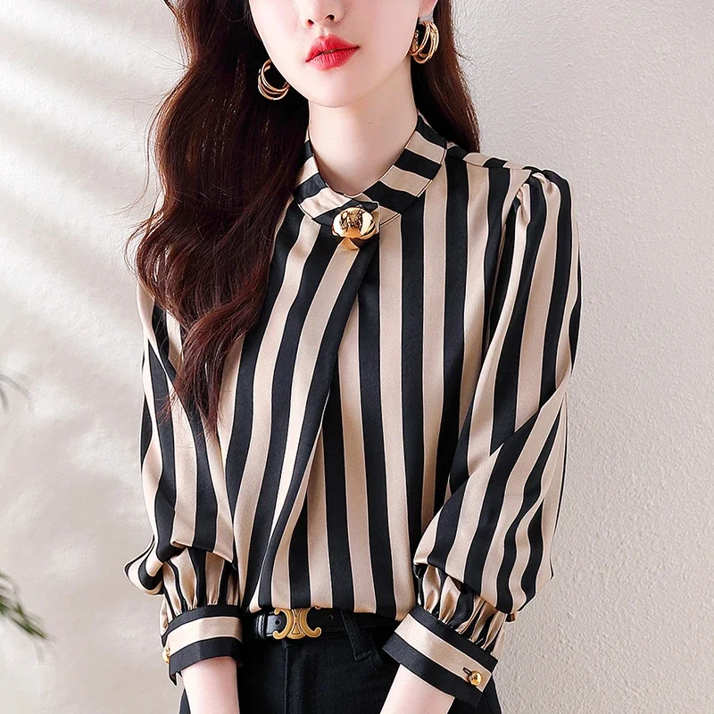 Chiffon Stripe Shirts for Women, Loose Vintage Blouses, O-Neck Clothing, Long Sleeves, Spring and Summer Fashion