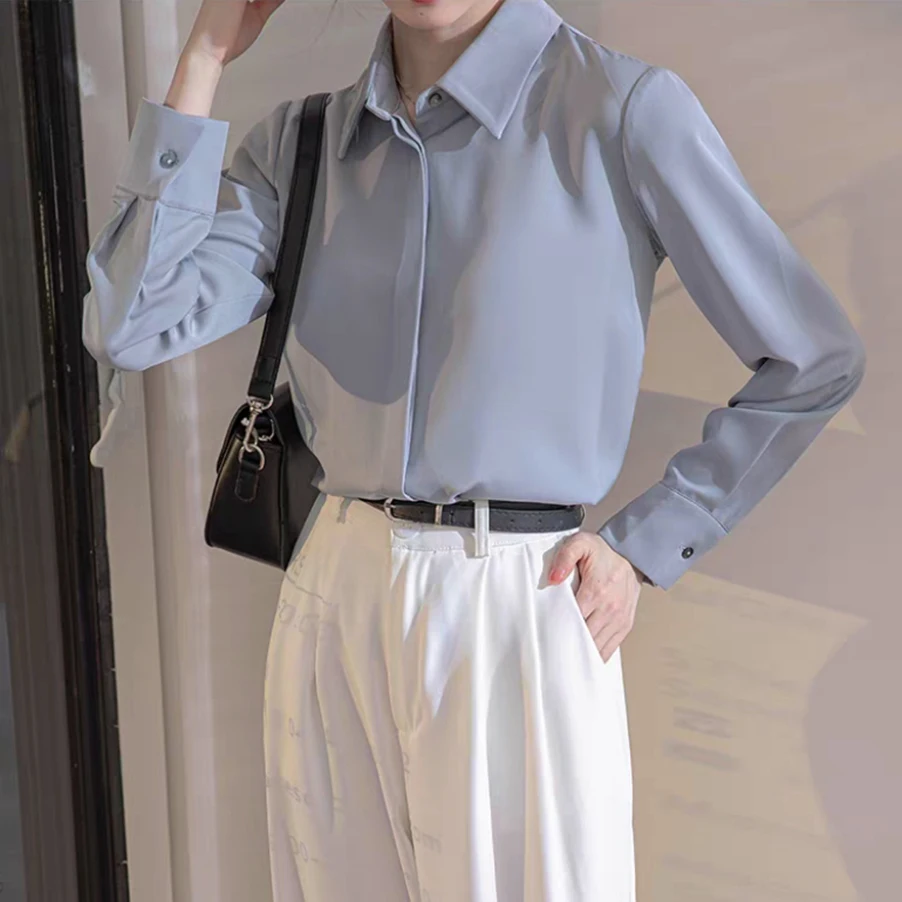 بلوزة نسائية من الساتان بأكمام طويلة قمصان عصرية فرنسية بلون سادة ملابس مكتب للسيدات قمصان نسائية أنيقة ملابس نسائية كورية