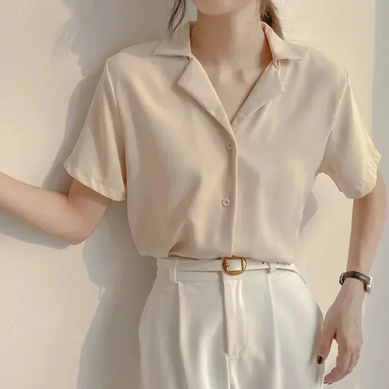 

Korean Solid Women Chiffon Shirt Lapel Office Short Sleeve Female Blouse Fashion New Button All Match Chic Ladies Tops Blouse