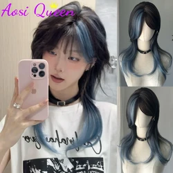 Black Blue Highlighted Long Straight Synthetic Wigs For Women Middle-parted Wolf Tail Layered Wig Suitable For Daily Role Playin