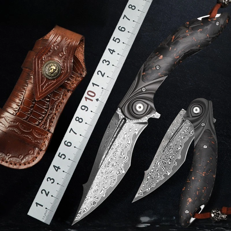 RHON High Carbon 85Layer Damasucs Steel EDC Pocket Knife Outdoor Hunting Surivial Camping Folding Knife with Carbon Fiber Handle