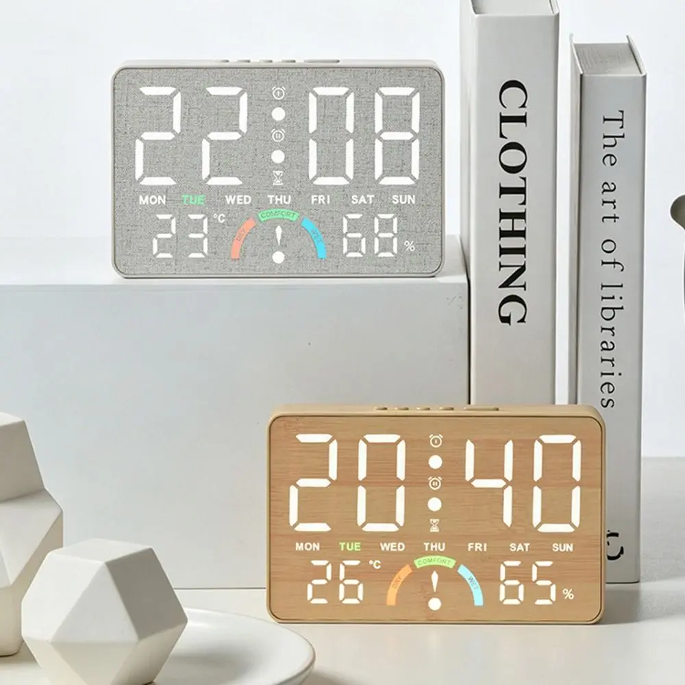 Brightness Adjustable Digital Alarm Clock Temperature Monitor Humidity Monitor Electronic Table Clock Week Display Quiet