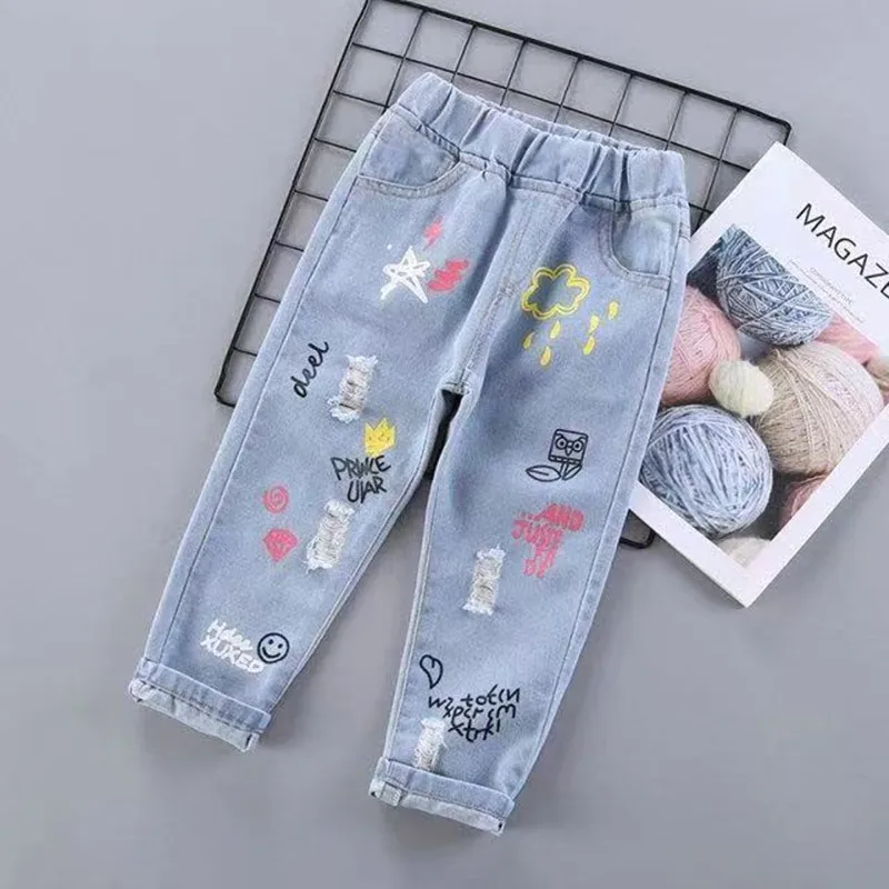 2-6 Y Girls' Jeans 2023 Spring and Autumn New Print Girls' Light Color Fashionable Jeans Kids' Loose Girls' Pants Kids Trousers