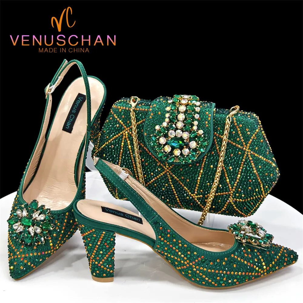 Venus Chan INS Style Green Party Shoe and Bag Set in Women Pointed-Toe Rhinestone High Heels Elegant African Ladies Shoes