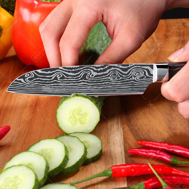 WXCOO 5″Japanese Small Santoku Knives Stainless Steels Chef Knife Damascus Laser Pattern Kitchen Knives Sharp Fruit Paring Knife