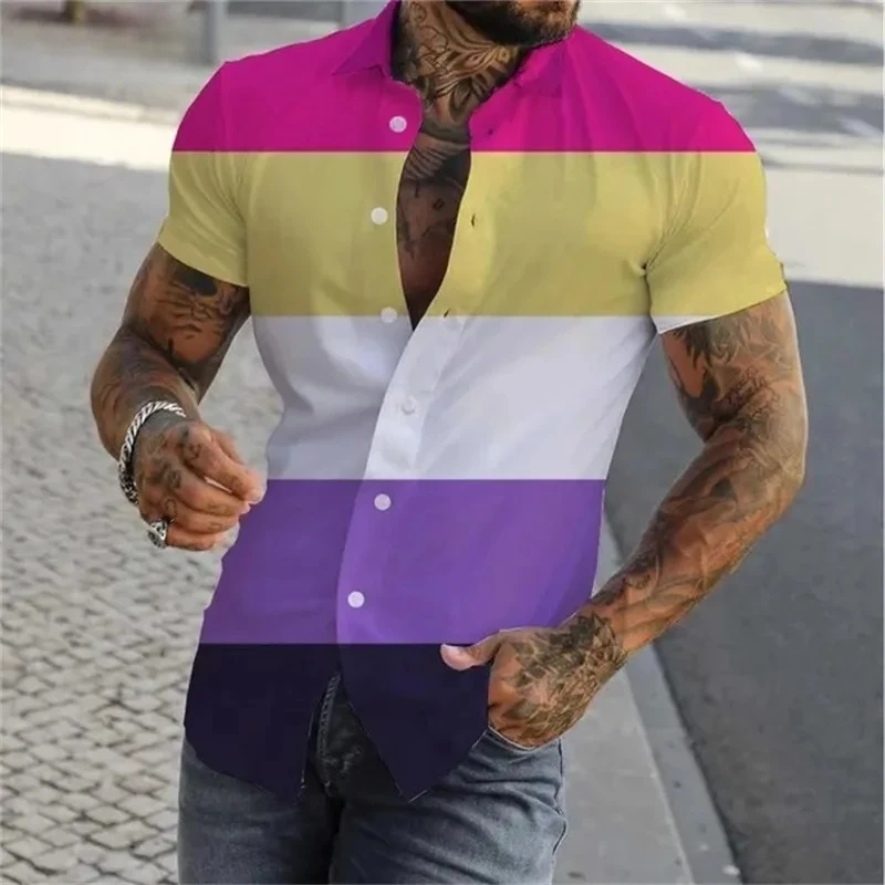 قميص قوس قزح ملون مطبوع ثلاثي الأبعاد للرجال صيفي غير رسمي بقصة ضيقة وأكمام قصيرة قمصان مثليه للمثليين قمصان علوية Camisas De Hombre #5
