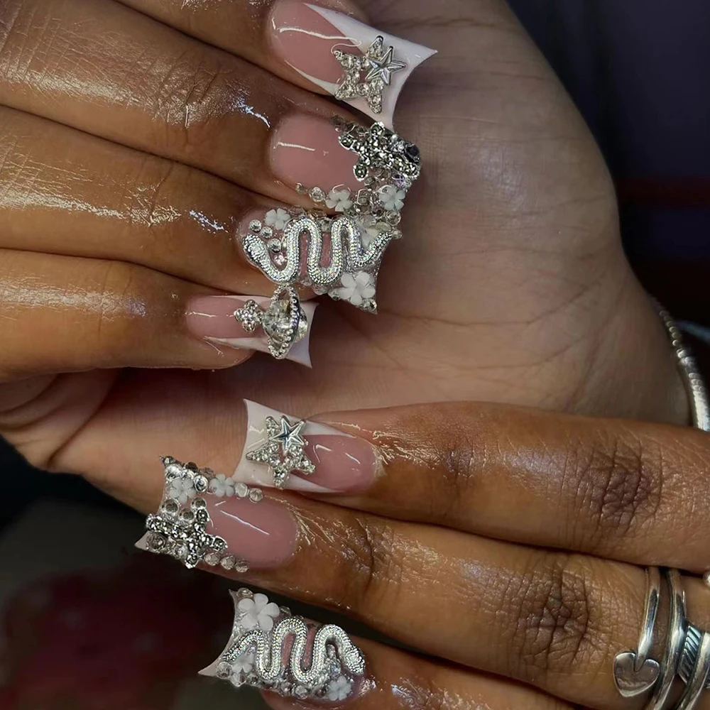 24 pièces Long canard noir pointe française presse sur ongles croix en alliage 3D, décoration en forme de serpent avec design en strass adapté parfaitement