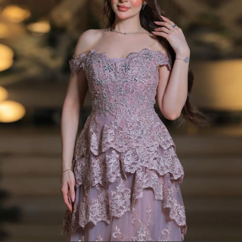 Robe de soirée multicouche personnalisée, épaules dénudées, robe de bal en Tulle à plusieurs niveaux avec Appliques perlées, ligne A, robes d'invitées de mariage
