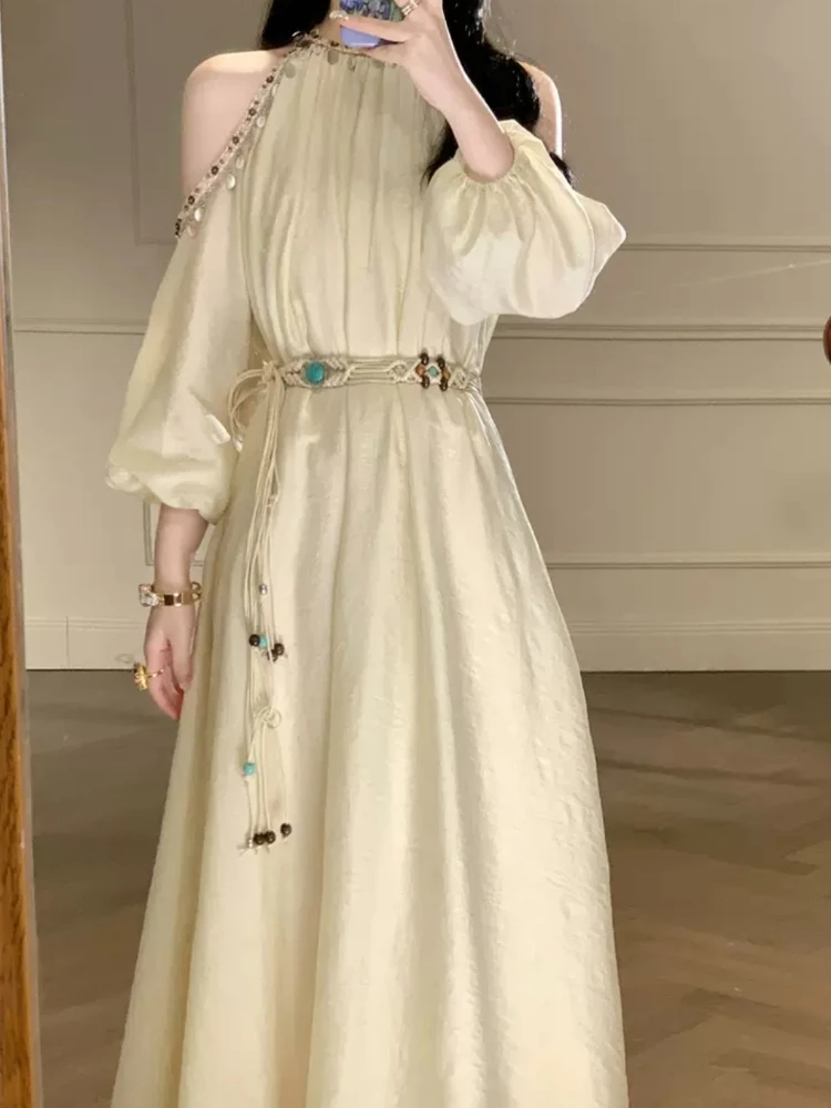 Shell lace light apricot dress Bohemian vacation style tea break long skirt