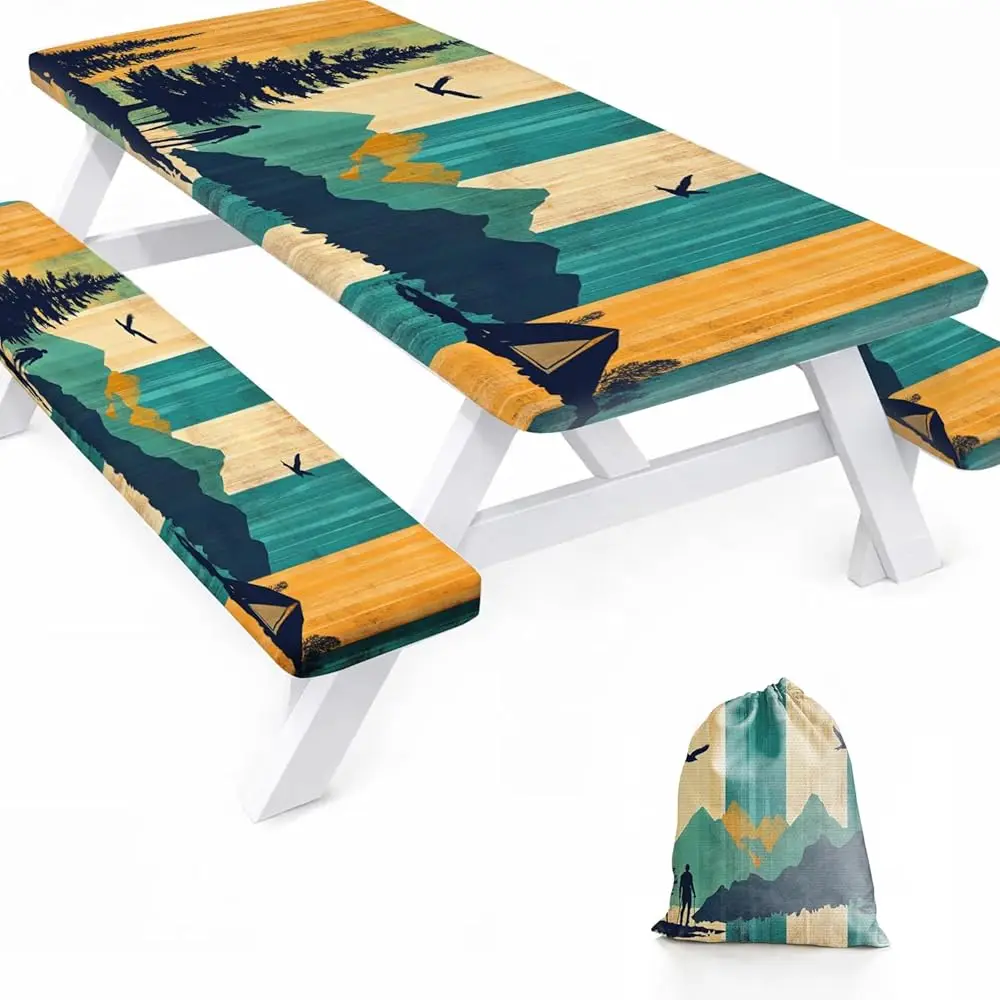 

Чехол для пикникового стола 72x30 футов с чехлами для скамеек - водонепроницаемая виниловая скатерть для кемпинга для столов 6 футов, с эластичными краями, ветрозащитный, для улицы