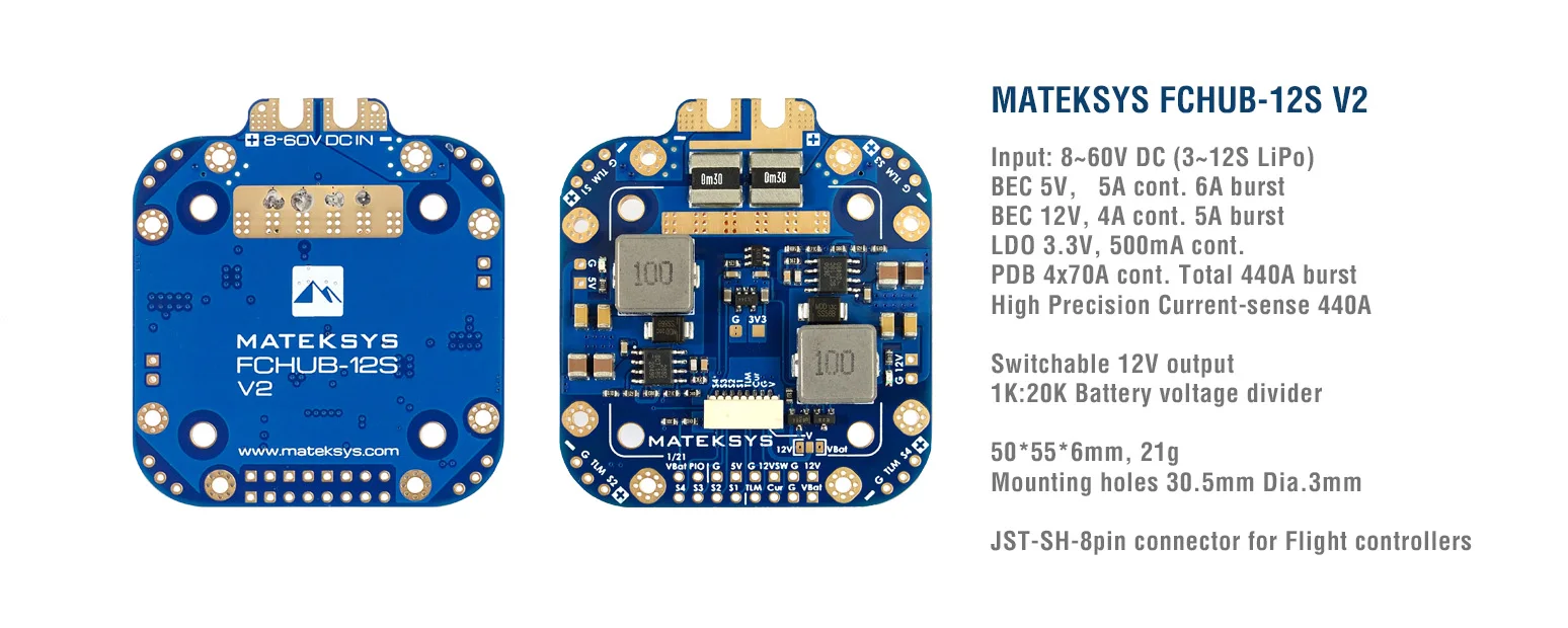 Mateksys Matek Systems FCHUB-12S V2 허브 배전 보드, PDB 5V 및 12V BEC 내장 184A 전류 센서, FPV Xclass 쿼드