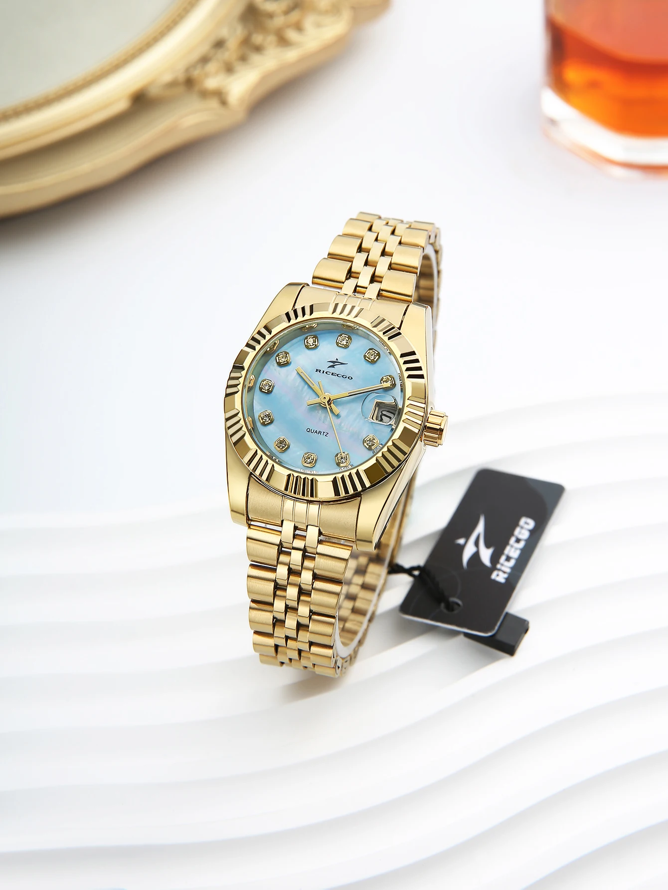Ricecgo Quartz Watch with Diamond Embellishments and Calendar, Elegant and Sophisticated, Suitable for Daily Wear and Light Business Occasions, Women's Wristwatch