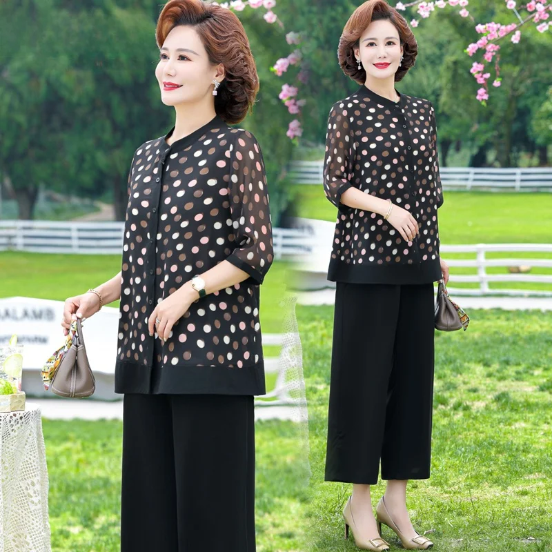 

plus Size Summer Outfit for Mom Trendy Chiffon irt And Pants Two Piece Set for Middle-Aged And ly Women Faionable An...