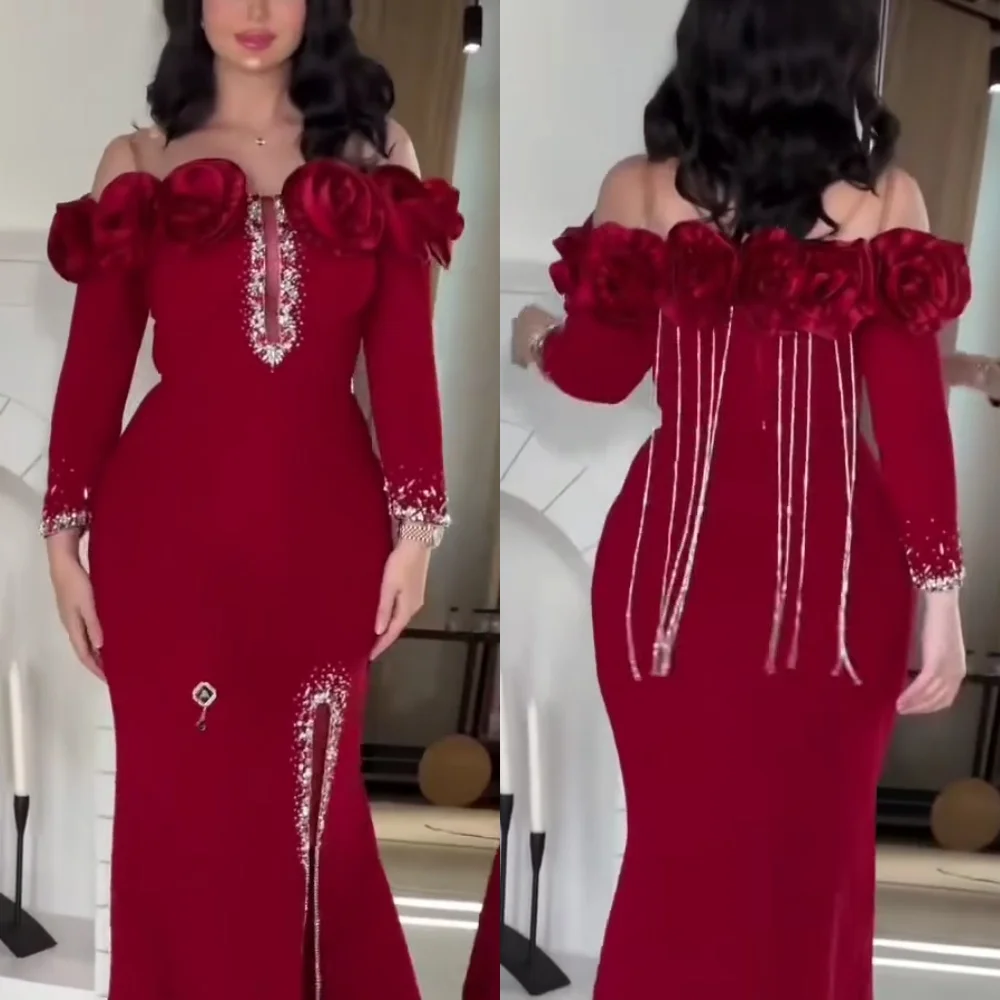 تخصيص كلاسيكي رائع جيرسي مطرزة زهرة البوق خارج على الكتف فساتين طويلة مناسبة مخصصة التألق