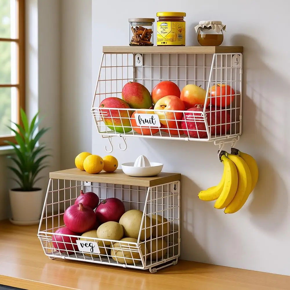 

White 2-Piece Wall-Mounted Wire Basket Set with Banana Hanger for Kitchen, Countertop, or Bathroom Storage