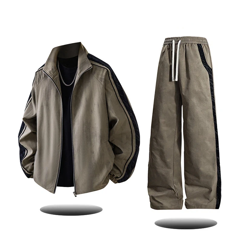 Conjunto de roupas esportivas casuais masculinas retrô para primavera e outono, jaqueta moderna de alta qualidade e calças de duas peças com bloqueio de cores
