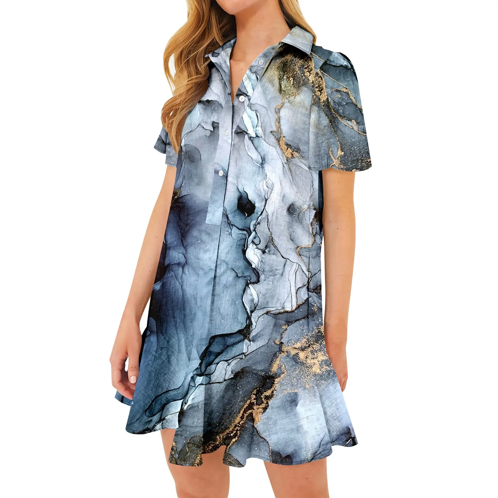 2024 New Women'S Casual Half Open Shirt Hem Ruffle Textured Stone Printed Short Sleeve Dresses сарафан женский Uzun Elbiseler