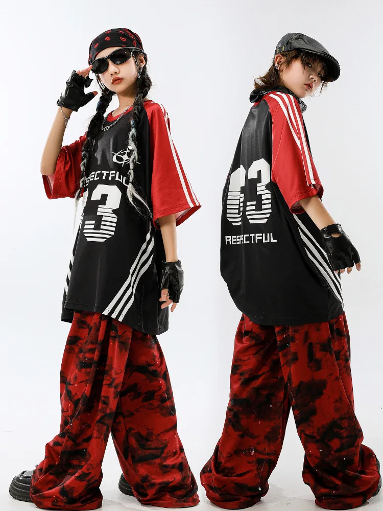 Kid Hip Hop Kleidung Set Jungen Street Dance Kostüm Mädchen Jazz Modern Dance Anzug Kontrast Farbe T-shirt Schwarz-rote Hosen