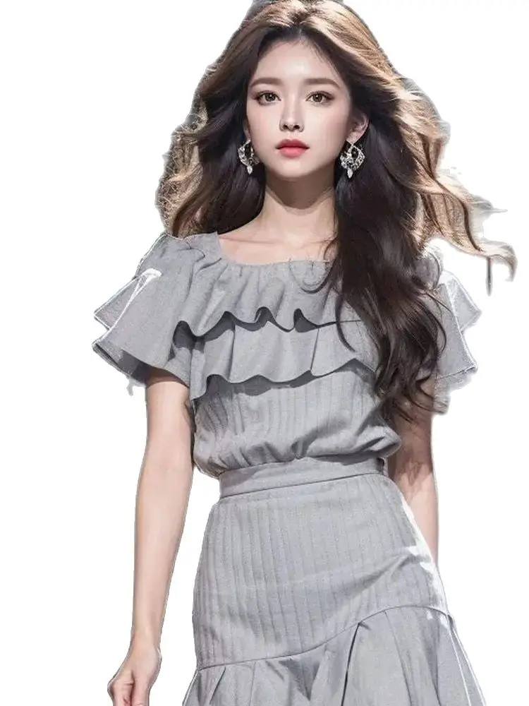 Korea Sweet Patchwork Pullovers Fashion Chic Square Collars Short Sleeves Female Knitted Top Skirt Suit 2024 New