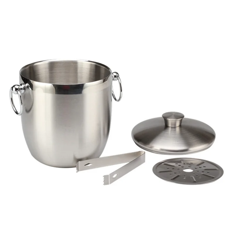 

AA49 2X Stainless Steel Ice Bucket With Tongs Liter Double Walled Insulated With Tongs And Lid Ice Container(3L)