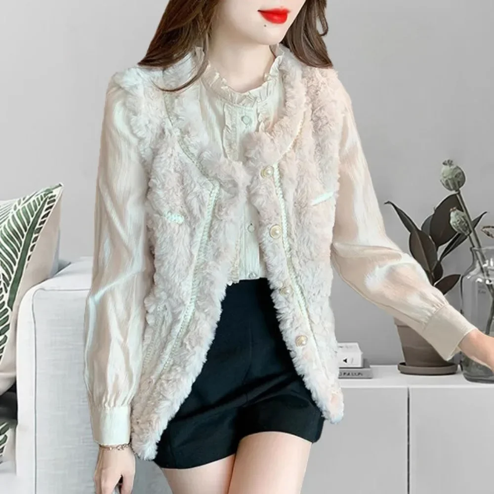 Off-white Half Short Pretty Fleece Vest for Women Demi-season Clothes Fashion 2024 Autumn Waistcoat Woman Coats on Sale Working