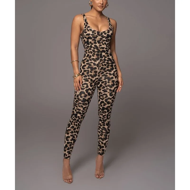 Women's Clothes Long Jumpsuits for Woman Sexy Sporty Animal Print Leopard Legging Spaghetti-Neck Yoga Workout Jumpsuits 159653