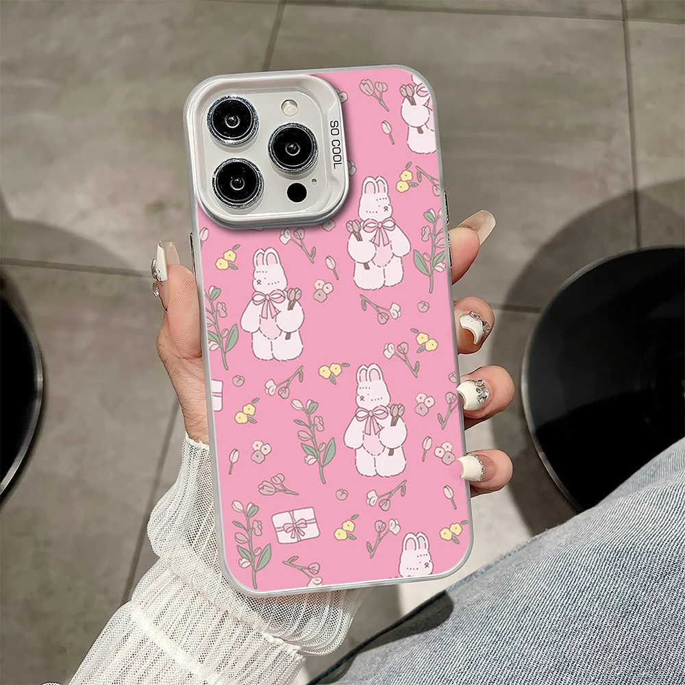 Full-blown Flowers Bunny Cute Pink Fashion Phone Case for iPhone 16 12 13 14 15 11 Max Pro Plus Laser IMD Color Shell image 3