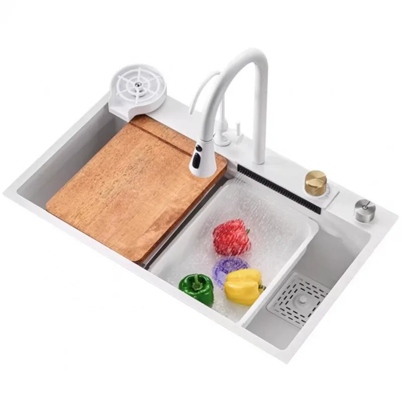 Japanese-style white 304 stainless steel sink, flying rain pumping waterfall faucet integrated large single tank, vegetable basi