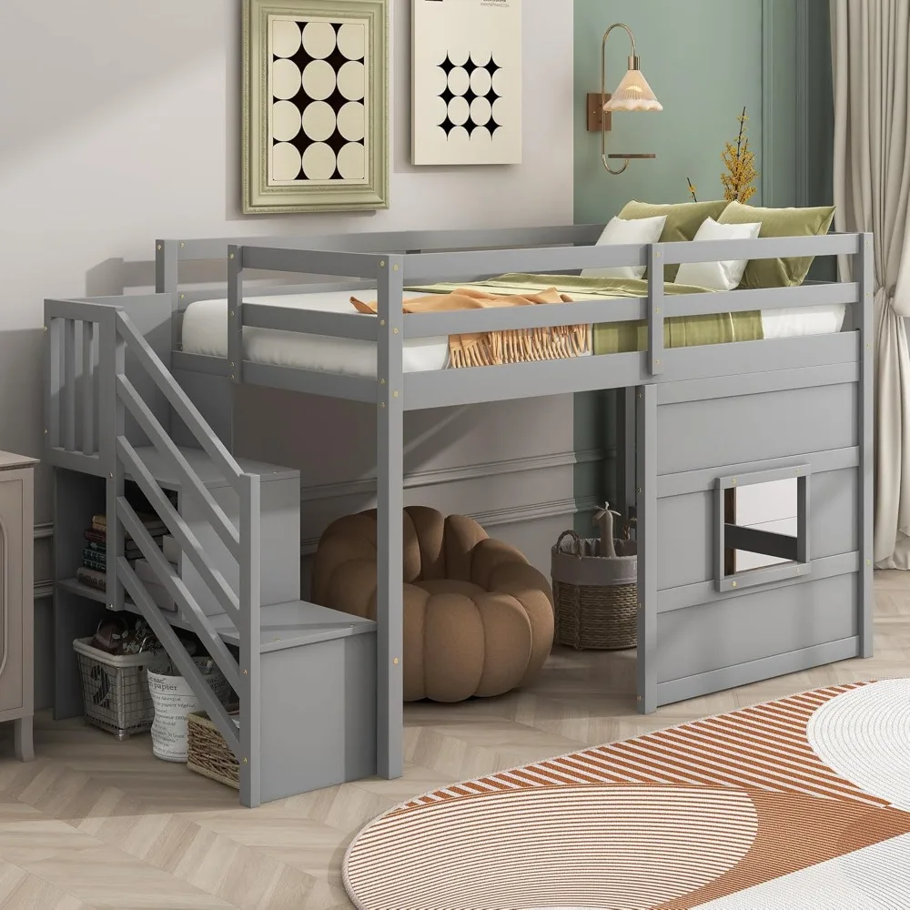 

SOFTSEA Twin Low Loft Bed with Stairs, Wood Loft Bed with Storage Steps Staircase for Kids Teens Juniors, Low Loft Bed Frame Twi